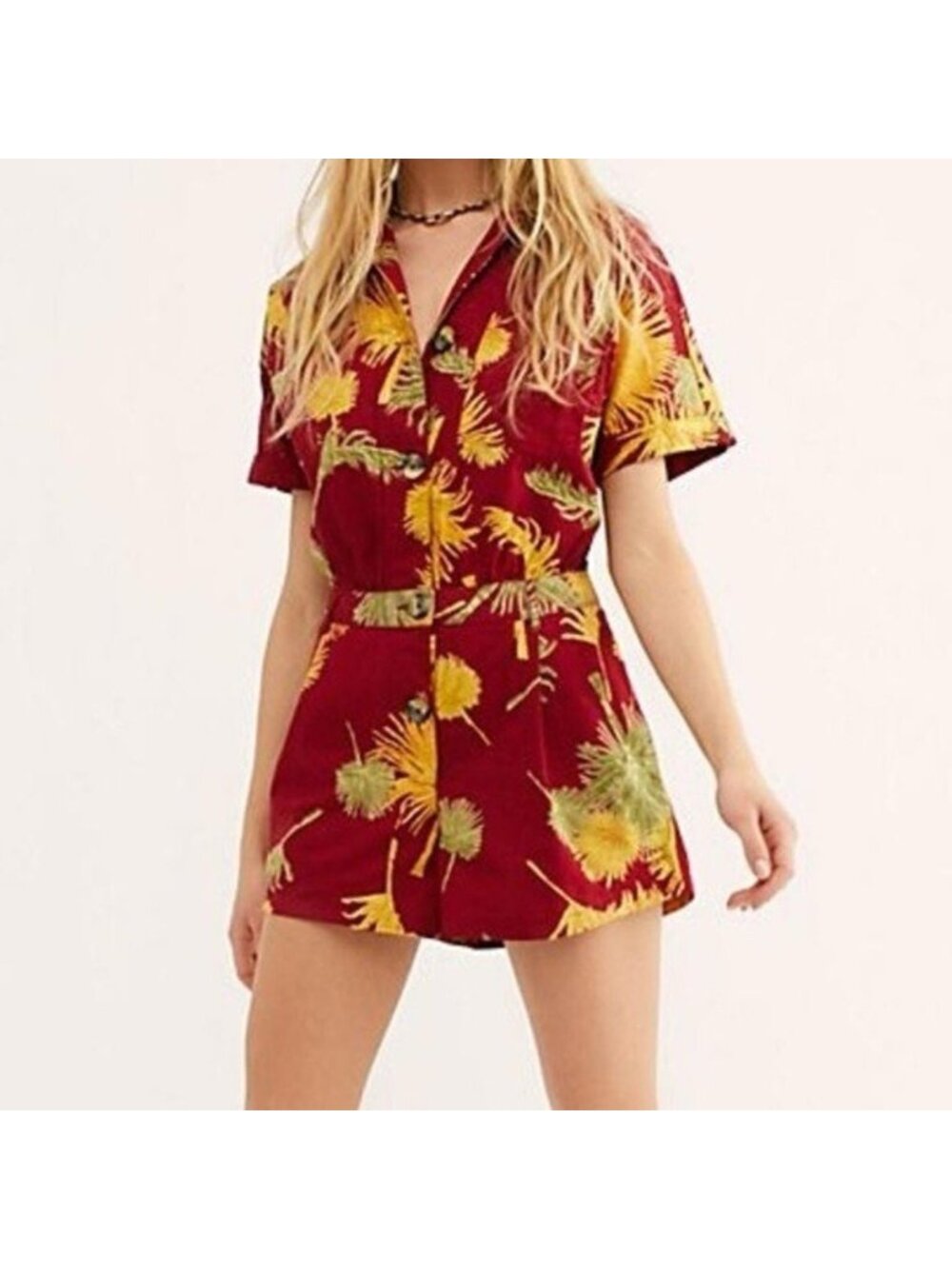 FREE PEOPLE Malibu Romper Red Tropical Print Beach Jumper